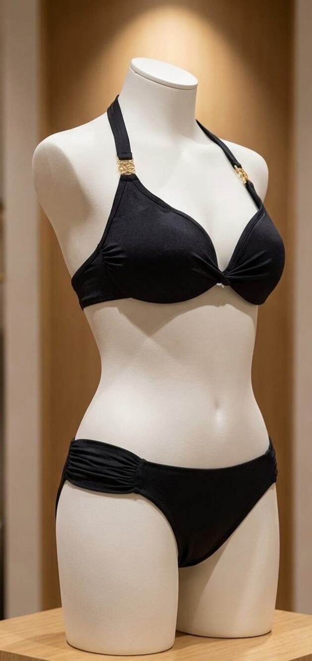 Victoria’s Secret Black Bikini Set 34B S Push Up Halter Gold VS Swim Suit